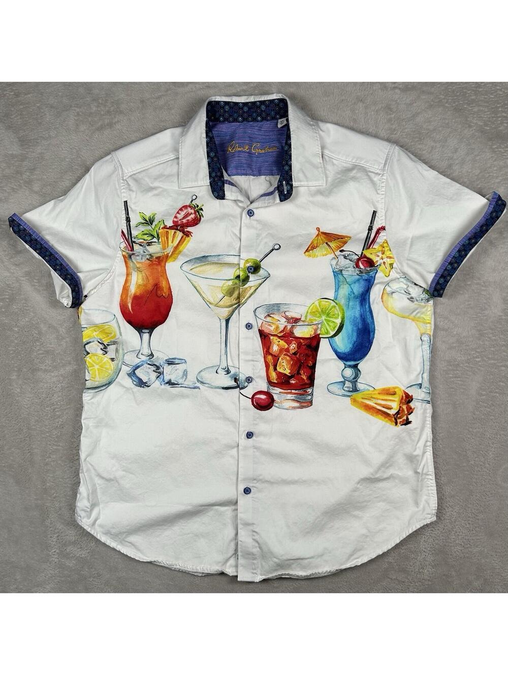 Robert Graham Cocktail Party Short Sleeve Contrasting Trim Mens XL Shirt White